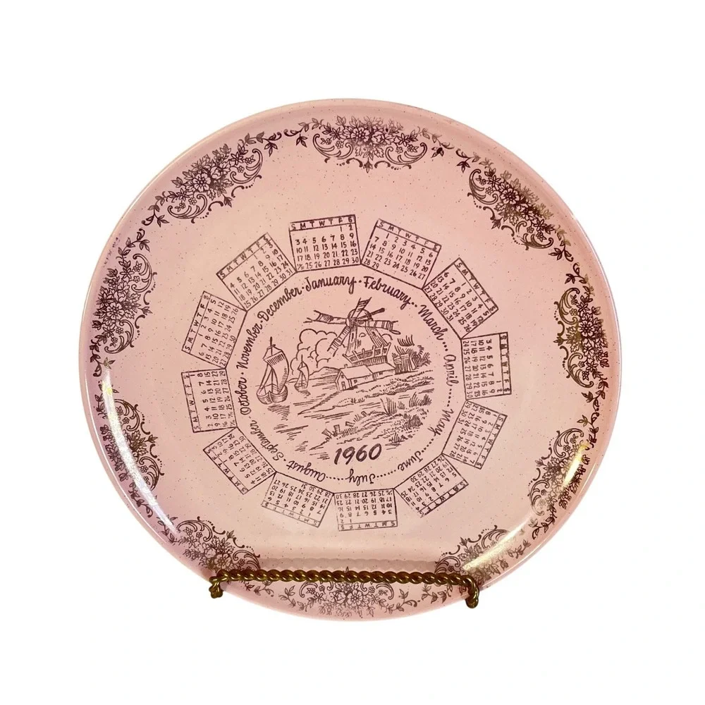 Vintage Taylor Smith Taylor Pebbleford Pink 1960 Calendar Plate Gold Filigree